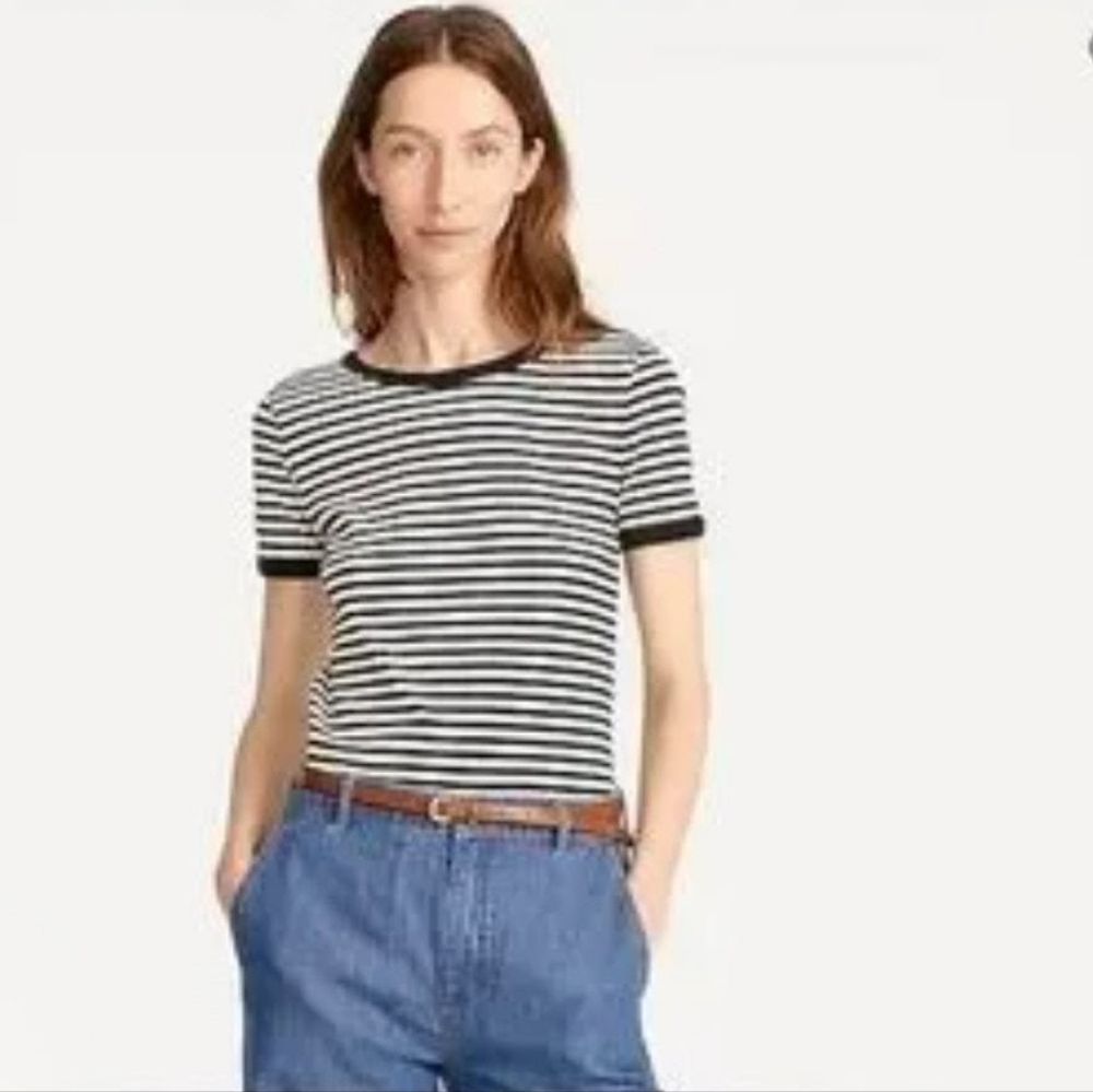 J. CREW Stretch Linen Black Ecru Stripe Tee Shirt XS NWT